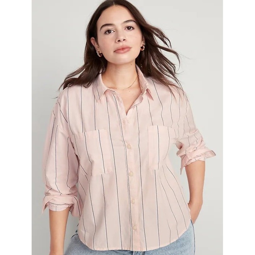 Old Navy Button Down Shirt Womens XXL Pink Striped Cropped Boyfriend Preppy